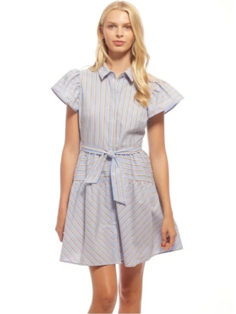 Shoshanna Light Blue Striped Shirt Dress with Tie Waist